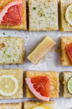 several slices of cake with different fruits on top