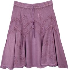 Stonewashed lilac below the knee-length rayon skirt for a perfect summer to spend your day in the coolness of this hue and relax with the comfortable soft texture of the fabric. A modern take on the rodeo chic style in urban colors; all our festival skirts will make you proud. The self-design, the machine embroidery and the lacework on the panels make it an exclusive skirt. Elastic and drawstrings are attached at the waist for perfect fit and ease. Length: 23"; Waist: 26"-34"(Elastic waist fits Purple Relaxed Mini Skirt For Summer, Relaxed Purple Mini Skirt For Summer, Summer Purple Relaxed Mini Skirt, Purple Cotton Mini Skirt For Summer, Lavender Skirt For Summer, Casual Lavender Skirt, Lavender Tiered Skirt For Summer, Summer Lavender Tiered Skirt, Flowy Lavender Lined Skirt