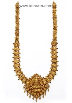 22 Karat Gold "Lakshmi" Long Necklace with Beads (Temple Jewellery) - 235-GN5653 - in 55.400 Grams for USD $4825.79.  Made in India by Totaram Jewelers Online this product is in Gold - 22 Karat BIS Hallmark 916 Gold  & is an excellent gift for Adult - Women. Ships fully insured with secured guaranteed delivery for free with your order over $250 from New Jersey USA & comes with 30 days exchange policy. 30 Grams Gold Haram Designs, Long Chain Designs Gold, Nakshi Jewellery, Gold Haram Designs, Necklace With Beads, Gold Jewellry