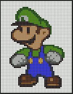 an image of a pixellated mario bros character in blue overalls and green hat