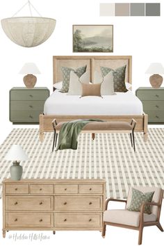 a bedroom is shown with furniture and decor in shades of gray, green, beige and white