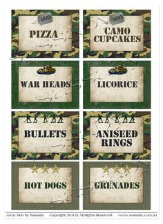 "Attention Soldiers! It's a set of Army Men Party Labels that you can edit & print yourself for your own party. ⇣⇣ CLICK FOR MORE DETAILED INFO ⇣⇣ ✦♦︎✦ IMPORTANT PRODUCT INFO ✦♦︎✦ ✔ This item is a set of editable ARMY MEN Party Labels. ✔ Includes both Tent Cards & Flat Cards in 2.5\" x 3.5\" ✔ Access to this product will be emailed within minutes after your purchase,. ✔ EDIT the text & graphics yourself (listed below) with any mobile device or computer. ✔ Save your design and come ba Army Decor, Sleepover Invitations