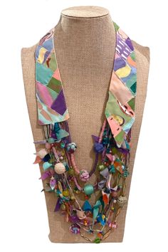 Womens Pastel Multi Strand Beaded Waterfall Collar Scarf Necklace From Recycled Hand Painted Cotton Fabrics LRW DESIGNS - Etsy Whimsical Multicolor Beaded Necklaces For Festivals, Whimsical Multicolor Beaded Necklace For Festival, Multicolor Beaded Necklace For Party, Treasure Necklace, Collar Hippie, Fiber Necklace, Fiber Art Jewelry, Collar Scarf, Tie Crafts