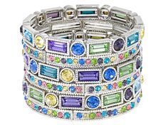 Off Park ® Collection, round pink crystal, round blue crystal, round purple crystal, round yellow crystal, round green crystal, rectangular green crystal, rectangular purple crystal, rectangular blue crystal, silver tone, stretch bracelet set of 6. Measures approximately 7"L x 5/16"W. Flat Bracelet, Broken Chain, Jewelry Making Tutorials, Gold Price, Purple Crystals, Bangle Set, Jewelry Online Shopping, Green Crystals, Silver Bangles