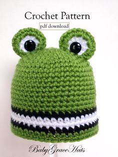 a crocheted frog hat with big eyes