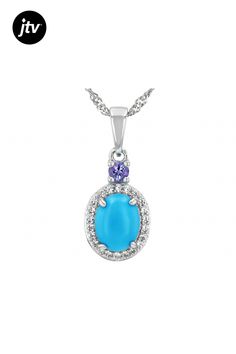 9x7mm Oval Sleeping Beauty Turquoise, 0.09ct Round Tanzanite With 0.17ctw Round White Zircon Rhodium Over Silver Pendant With 18"Singapore Chain. Measures Approximately 0.94"L x 0.40"W. 2.5mm bail. Lobster clasp with 2"extender. Accent stones primarily zircon. Pendant With Chain, Sleeping Beauty Turquoise, Lobster Clasp, Silver Pendant, Sleeping Beauty, Singapore, Turquoise, Chain, Stone