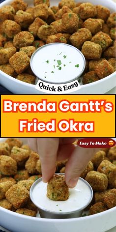 a person dipping something into a bowl filled with fried okra meatballs and sauce