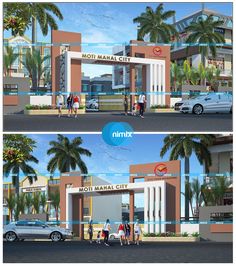 two renderings of the front and side of a building with cars parked in front