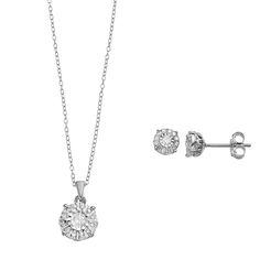 With sparkling diamonds in a lotus pattern, this matching earring and necklace set make a luminous addition to any wardrobe. With sparkling diamonds in a lotus pattern, this matching earring and necklace set make a luminous addition to any wardrobe. Includes: necklace and pair of earrings Clasp: spring-ring Nickel free Metal: sterling silver Chain length: 18 in. Backings: post Packaging: boxed Finish: polished Earring diameter: 6.5 mm Chain type: cableDIAMOND DETAILS Total weight: 1/2 ct. Color Earring And Necklace Set, Lotus Pattern, Lotus Pendant, 2 Carat, Sparkle Diamonds, Necklace Earring Set, Sterling Silver Chain, Necklace Earrings, Earrings Set