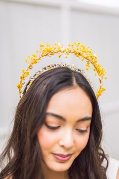 Preserved baby's breath in yellow with star flower hand wrapped to gold halo headband with czech crystals, herkimer diamond chips, glass beads. Also available in natural undyed baby’s breath with silver or gold headband. Sunshine Headband, Sun Flower Headband, Yellow Headpiece, Golden Flower Crown, Gold Flower Halo Crown, Flower Halo Headband, Yellow Flower Crown, Yellow Flower Headband, Tarot Design