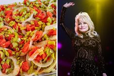 a woman in black dress next to an image of food