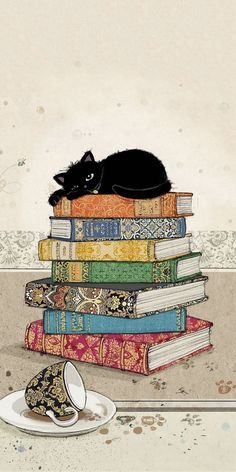 a black cat laying on top of a stack of books next to a cup and saucer