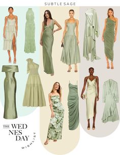 the bride's day dresses are all in different colors and styles, including green