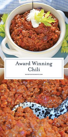 a bowl full of chili with a spoon in it and the words award winning chili