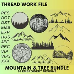 the mountain and tree bundle is shown in black on yellow background with text that reads thread work file