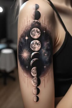 a woman's shoulder with phases of the moon and stars on her left arm