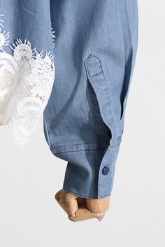 Embroidered shirt, made of denim, off-white cotton and linen blend, British embroidery, classic collar, front button closure, long sleeves, button cuffs, long sleeves and curved hemSize Chart（CM）: Spring Long Sleeve Denim Top With Button Cuffs, Spring Denim Top With Button Cuffs Long Sleeve, Spring Denim Top With Button Cuffs And Long Sleeves, Shirt With Lace, Blue Denim Shirt, Dress Satin, Dress Cover, Lace Shirt, Embroidered Shirt