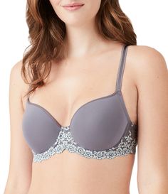 From Wacoal&#x2C; this bra features:Seamless&#x2C; underwire t-shirt braSmooth&#x2C; soft&#x2C; stretch foam-lined contour cupsSignature embrace lace scalloped frame around the entire sides of the braOpen necklineFully adjustable strapsHook-and-eye back closureNylon/polyester/spandex lace; nylon/spandex cup; polyester cup lining; nylon center liningHand washImported. Seamless Push-up Bra, Scalloped Frame, Bra Items, Hydrangea Purple, Lace Tshirt, Bleached Denim, The Embrace, Shirt Bra, Bare Necessities