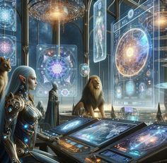 an image of some people and animals in a science fiction setting with many screens on the table