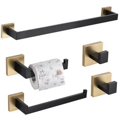 three black and gold toilet paper holders on a white background with one roll of toilet paper in the middle