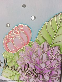 a close up of a card with flowers and leaves on the bottom, which says thank you