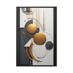 an abstract painting with circles and lines on the wall in black, gold and white