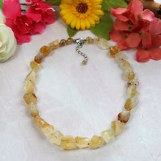 "Natural Citrine Single Strand Necklace. A Natural Citrine Raw Free Form Statement Necklace. Length:  17\" L + 2\" Extender. Material:  Raw free form genuine citrine. Clasp & extender:  Stainless steel. https://www.etsy.com/shop/MYGEMSROCK" Adjustable Amber Citrine Necklace, Yellow Gemstone Beads For Jewelry Making, Adjustable Citrine Necklaces For Healing, Spiritual Yellow Citrine Necklace, Amber Citrine Crystal Necklace With Natural Stones, Yellow Crystal Gemstone Bead Necklace For Gifts, Citrine Necklace, Natural Citrine, Strand Necklace