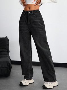 Women Casual Solid Color Loose Straight-Leg Denim Jeans Black Casual   Denim Plain Straight Leg Non-Stretch  Women Clothing, size features are:Bust: ,Length: ,Sleeve Length: Cute Black Jeans, Hair Jewelry For Braids, Black Wide Leg Jeans, Grey Colour Suit, Smocked Skirt, Clothes Wishlist, Jeans Casual, Womens Tights, Straight Leg Denim