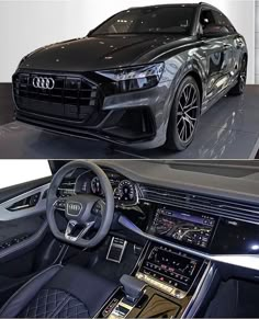 the inside and outside view of an audi car, which is on display in a showroom