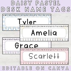 three different types of name tags in pink and white with the words'daisy pastel desk