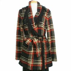 RALPH LAUREN Black Plaid Wool Blend Long Fringe Belted Cardigan L Done in soft knit in a pretty plaid, this long cardigan features long sleeves with ribbed cuffs, shawl collar, fringe trimmed collar and placket, open front, self tie belt and patch hip pockets.   Brand:  Lauren Ralph Lauren - Lauren Jeans Co. Material:  46% Acrylic, 25% Nylon, 43% wool, 8% Angora Cleaning:  Hand Wash Color:  Black Multi Size:  Large Measurements:   Bust - 44" (across back and doubled) Length - 30" (back)   Condition:  NWT - New with tags   All items come from a non-smoking home. Plaid Long Sleeve Sweater For Fall, Chic Plaid Long Sleeve Cardigan, Plaid Sweater For Fall, Chic Plaid Cardigan With Long Sleeves, Plaid Cardigan For Workwear In Fall, Plaid Long Sleeve Cardigan For Work, Winter Plaid Cardigan For Work, Fitted Plaid Cardigan For Fall, Plaid Outerwear For Winter Layering