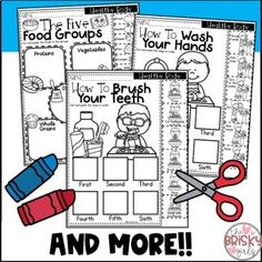 four worksheets to help students learn how to brush their teeth