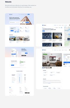 three screens showing the homepages for a real estate listing system, and an image of a house