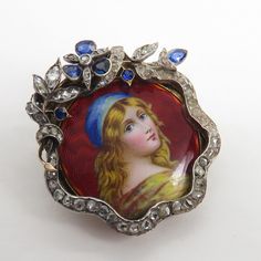 Exceptional estate victorian 18k platinum top rose cut diamond sapphire brooch pin enamel portrait painting of the utmost quality. this is a investment piece in great shape. approx 2 carat blue sapphires and rose cuts 2 carats or more. supper fine quality all around. 15.5 grams. hallmarked. estate said french but not sure. 1900's beautiful piece. 34mm size. could use a profesional cleaning. Paint Jewelry, Sapphire Brooch, Pin Enamel, Miniature Portraits, Cameo Jewelry, All Gems, Victorian Gold, Journal Printables, Diamond Fashion