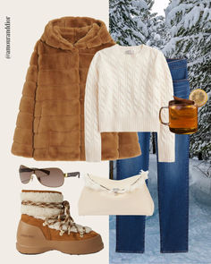 Après-Ski Outfit Idea ❄️🤍 Apres ski clothing, skiing outfit, winter outfits, winter wear, holiday outfit, cold weather outfits, Aspen, Vail, Stowe, Ugg, Moon Boots, snow boots, sweater, jumpers, cable knit Moon Boots, Outfit Idea