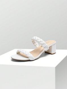 White Fashionable Collar    Mules Embellished   Women Shoes Disposable Income, Mules Women, Heeled Mule, White Sandals Heels, Mule Sandals, Braided Strap, Comfortable Heels, Kids Beachwear, Heeled Sandals