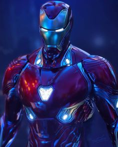 an iron man standing in front of a dark background