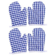 four oven mitts in blue and white gingham