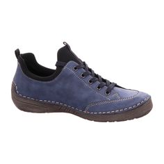 Rieker Lace-up Casual Shoe for Women, Blue Rieker Lace-up Casual Shoe in Blue Comfortable and practical! These ocean blue shoes with a wide black shaft from Rieker guarantee a heavenly wearing experience. The lightweight and shock-absorbing profile sole provides lasting comfort - even on long days. Another plus is the soft insole. Slip in and feel good!   Color: Blue  Heel Height: 2.7 cm  Heel Shape: Flat  Toe Shape: Round  Shoe Width: Normal (G)  Removable Insole: No  Color of Sole: Gray  Closure: Slip-on  Water Protection: No  Reflective: No  Fit: True to size  Shaft Height: Ankle-high   Material & Care  Upper Material: Synthetic  Inner Material: Synthetic  Insole: Leather  Sole: PU Sole  Shoe Lining: Cold or Unlined  Care Instructions: Remove dust and dirt with a soft shoe brush or a li Casual Blue Lace-up Walking Shoes, Blue Lace-up Walking Shoes For Outdoor Activities, Blue Sporty Walking Shoes With Round Toe, Comfortable Blue Leather Walking Shoes, Blue Walking Shoes With Rubber Sole And Round Toe, Casual Blue Round Toe Walking Shoes, Casual Blue Walking Shoes With Round Toe, Blue Round Toe Walking Shoes For Sports, Navy Round Toe Walking Shoes For Sports