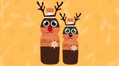 two bottles with reindeer noses and stars on them, one is brown and the other has green eyes