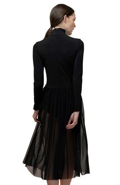 Sheer Turtleneck Dress | Black | Designer Michail – michail Stretch Turtleneck Party Dress, Evening Turtleneck Dress, Chic Turtleneck Party Dress, Fitted Dresses With Sheer Sleeves For Layering, Fitted Sheer Dress For Layering, Black Ethereal, Elegant Bodysuit, Black Turtleneck Dress, Sheer Bodysuit