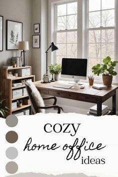 the home office is decorated in shades of gray and white