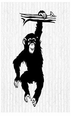 a black and white drawing of a monkey hanging on to a branch with an arrow in it's mouth