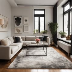 a living room filled with furniture and lots of windows