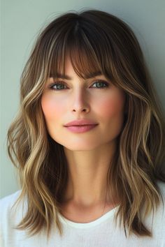 A woman with medium-length wavy brown hair and bangs styled casually.