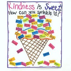 an ice cream cone with words written on it that read kindness is sweet, how can you sprinkle it?