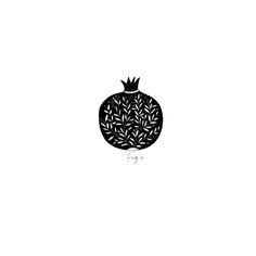 a black and white drawing of a pomegranate with a crown on top