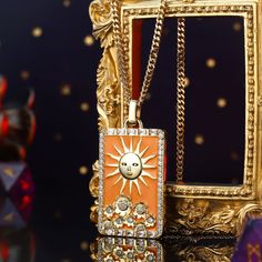 Our Sun Tarot Card Necklace is the perfect gift for the spiritual soul in your life. Crafted with brass enamel and featuring an intricate design, this exquisite piece of jewelry is sure to elevate any look. Whether you’re in need of a meaningful accessory or shopping for a special occasion, the Sun Tarot Card Necklace will bring a subtle hint of elegance to any wardrobe. DETAILS Plating: 18K Gold Materials: 18K Gold on Brass, Cubic Zirconia, Enamel Measurements: Length: 17.72"(45.0cm) + Extender Spiritual Good Luck Rectangular Pendant Jewelry, Spiritual Sun And Moon Jewelry As Gift, Spiritual Sun And Moon Design Jewelry Gift, Spiritual Rectangular Pendant Jewelry For Collectors, Collectible Spiritual Jewelry With Rectangular Pendant, Gold Enamel Amulet Jewelry, Spiritual Collectible Rectangular Pendant Jewelry, Gold Enamel Bohemian Necklace, Collectible Spiritual Rectangular Jewelry