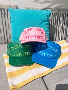 Happy Hour / Everything Trucker Hat is one of the most popular nowadays. This hat cap is a modern take on a classic design. This hat is the perfect choice thanks to its sharp styling, spirited color, and lively green underbill. The Trucker Hat iconic flat bill adds a subtle charm that takes you back to the good ol’ days. This Letter Print Hat has an adjustable snap closure. This hat is high-quality printed which makes you more fashionable. It is casual wear in spring, autumn, and winter. It's pr Fun Green Baseball Cap With Curved Brim, Fun Green Hats For Spring, Green Summer Trucker Hat With Flat Brim, Fun Trucker Hat With Short Brim, Fun Snapback Hats For Spring, Fun Snapback Hat With Short Brim, Green Fun Snapback Hat For Spring, Green Snapback Hat With Short Brim For Summer, Fun Green Snapback Hat For Spring