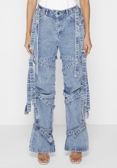 Denim Strap Cargo Jeans - Mid Blue | Manière De Voir USA Cargo Jeans Style, Jeans Silhouette, Reworked Joggers, Straight Jeans Outfit, Goth Pants, Suspender Jeans, Corset Pants, Strap Pants, Denim Cargo Pants